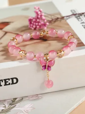 Pink Ombre Butterfly Charm Beaded BraceletStackable Stretch Bracelets Creative