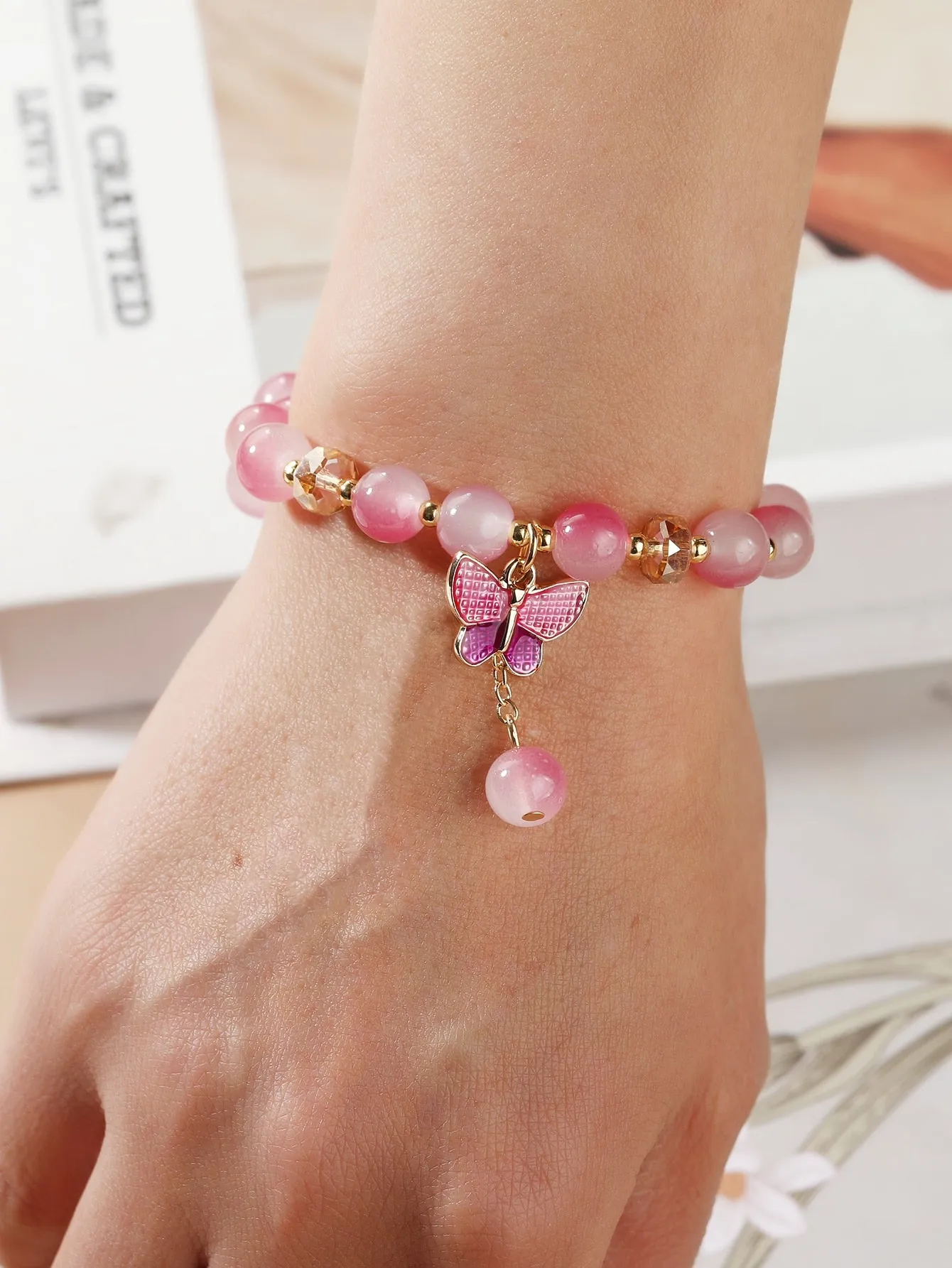 Pink Ombre Butterfly Charm Beaded BraceletStackable Stretch Bracelets Creative