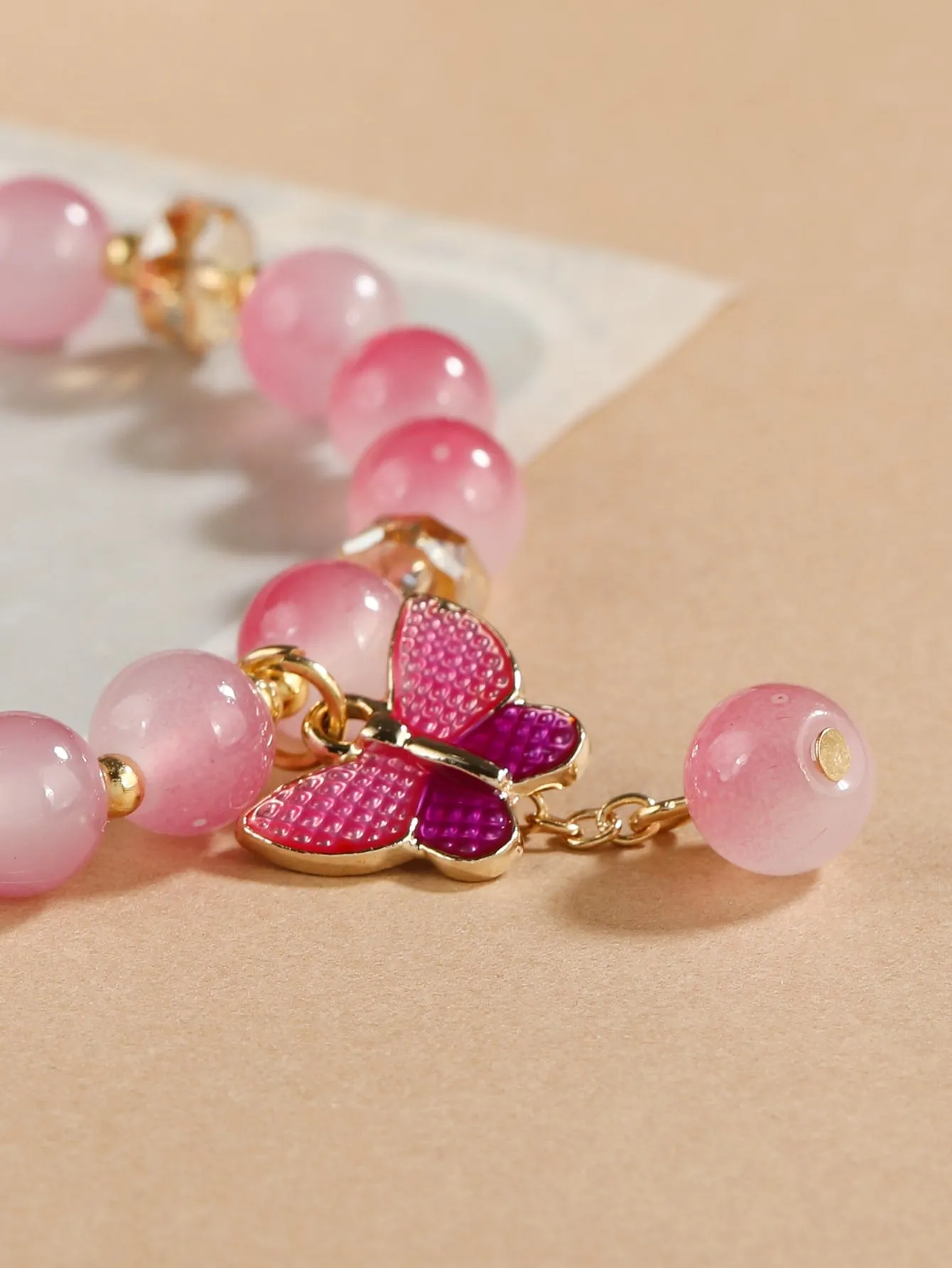 Pink Ombre Butterfly Charm Beaded BraceletStackable Stretch Bracelets Creative