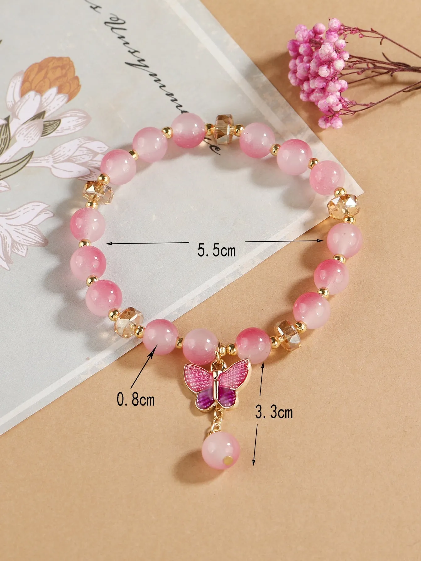 Pink Ombre Butterfly Charm Beaded BraceletStackable Stretch Bracelets Creative