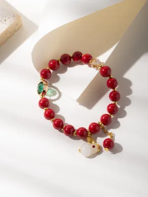 Rabbit Charm Red Beaded Bracelet Women Bracelet Stackable Bracelet Crafted