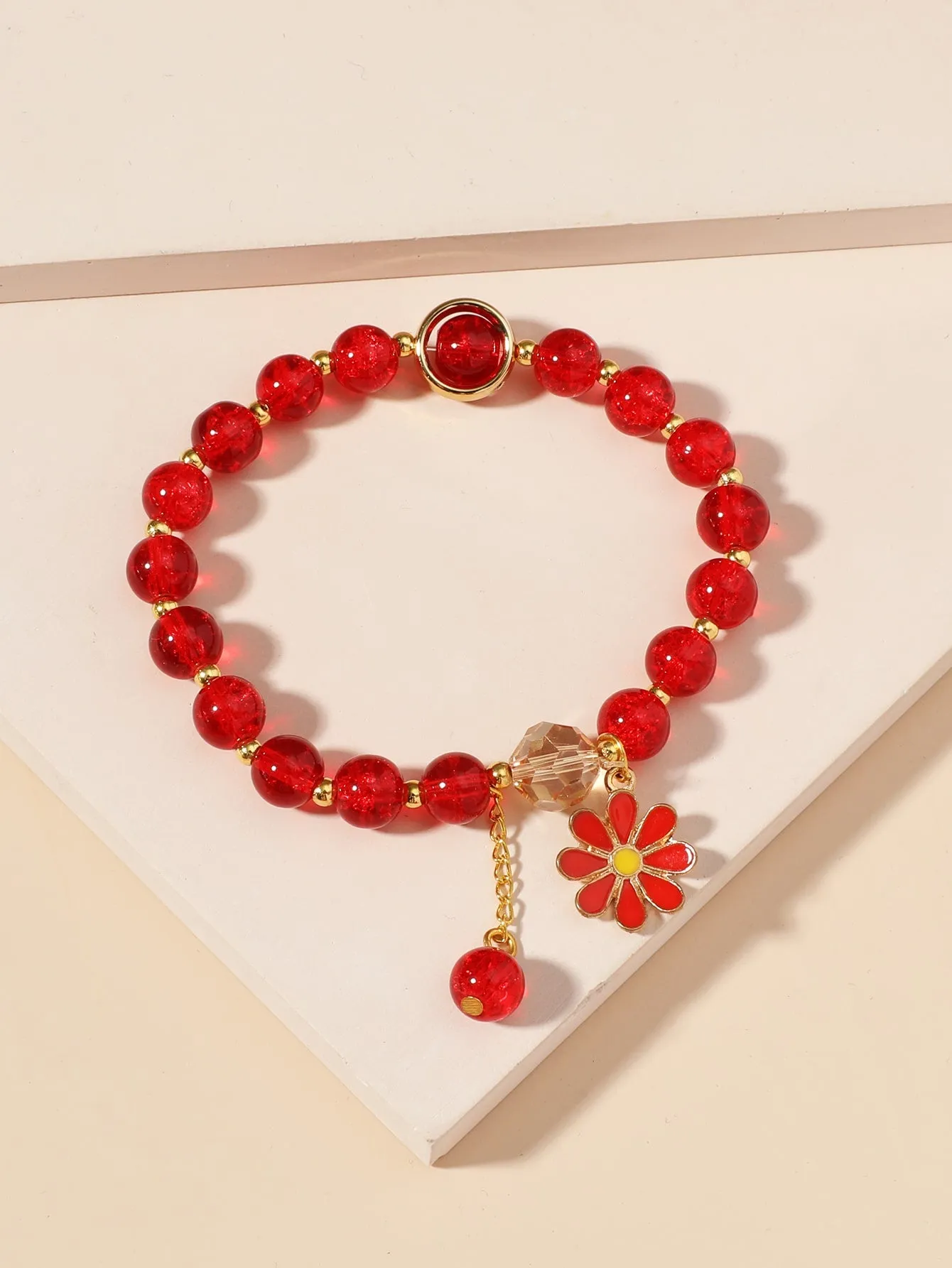 Red Flower Charm Beaded Bracelet Boho Crafted Creative Beads Design Stretchy