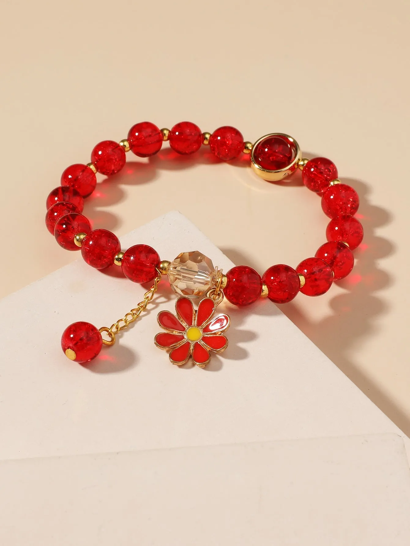 Red Flower Charm Beaded Bracelet Boho Crafted Creative Beads Design Stretchy