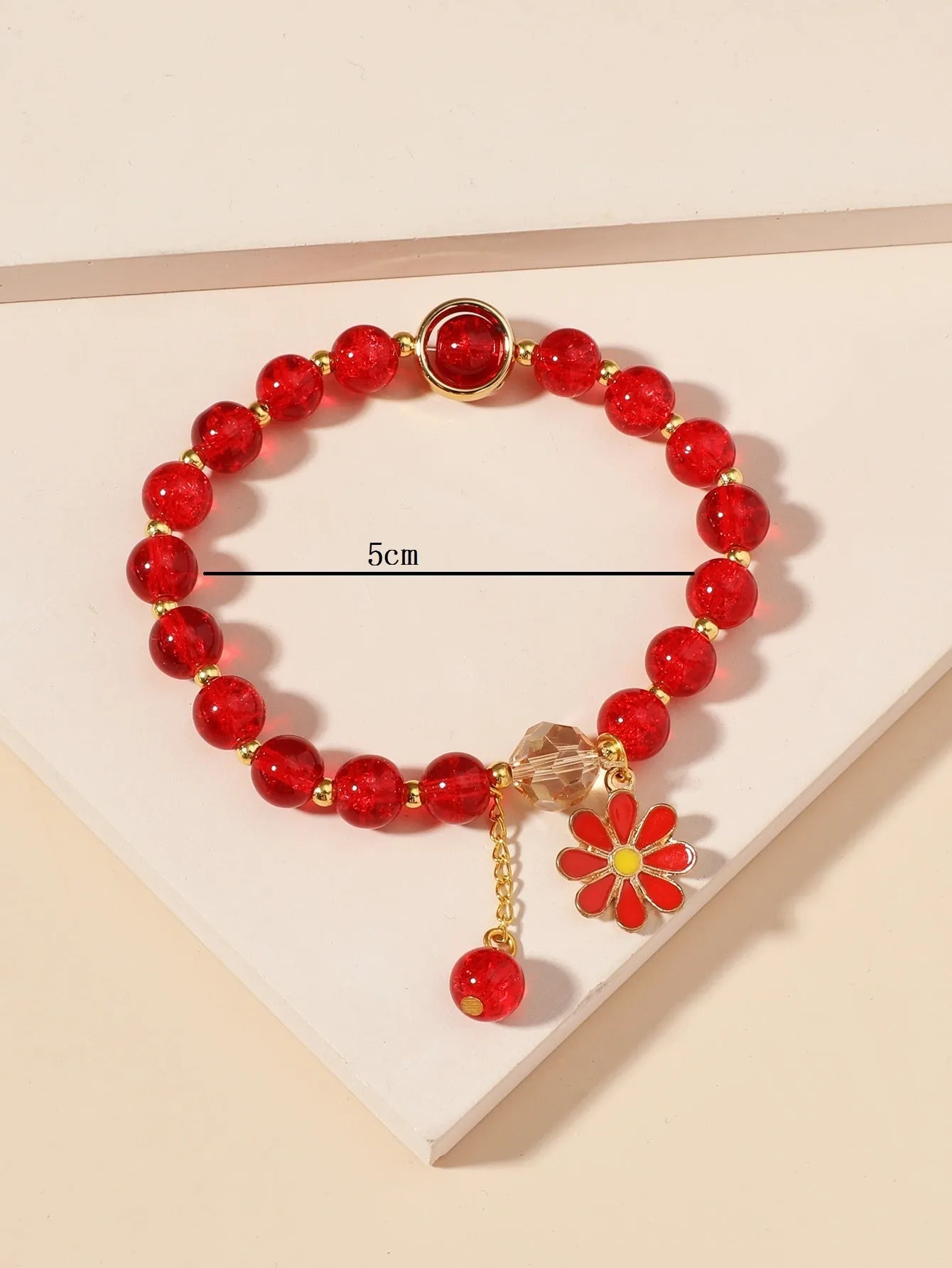 Red Flower Charm Beaded Bracelet Boho Crafted Creative Beads Design Stretchy