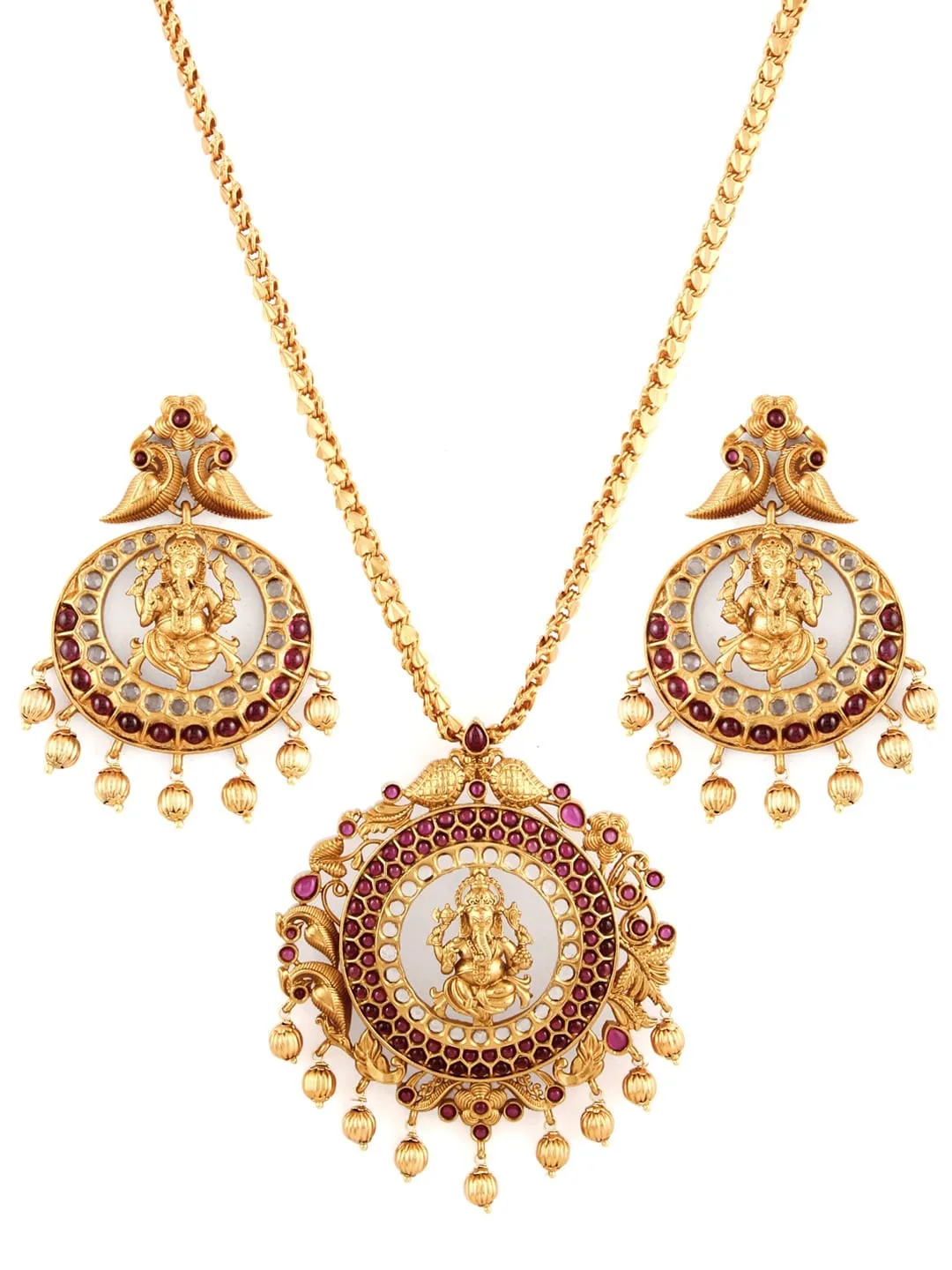 Rubans Finely Handcrafted Gold Plated And Ruby Studded Ganesha Pendant Set