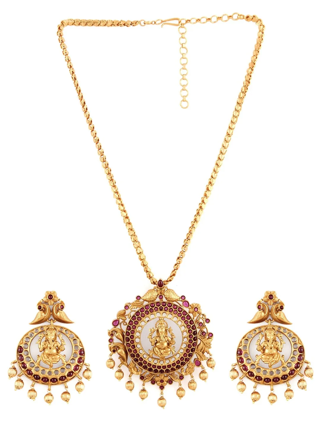 Rubans Finely Handcrafted Gold Plated And Ruby Studded Ganesha Pendant Set