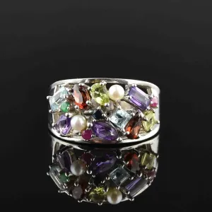 Silver Multi Gemstone Harlequin Ring, Sz 9.5