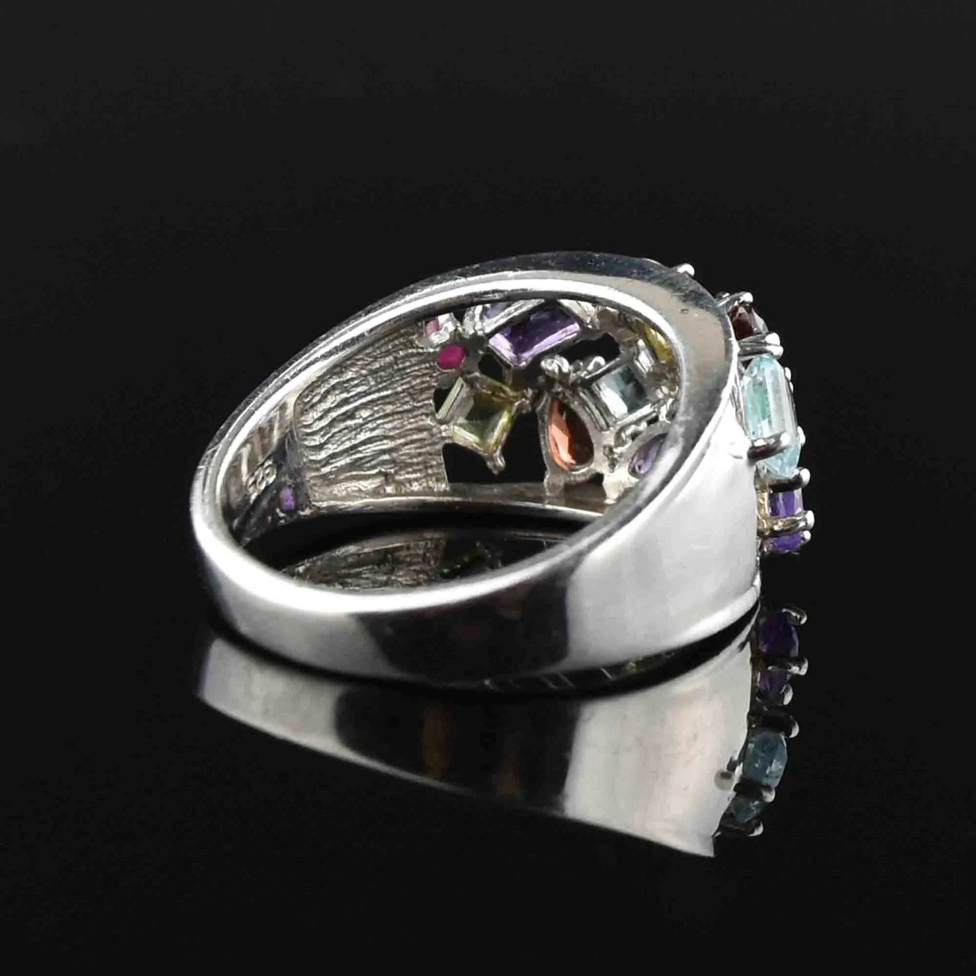 Silver Multi Gemstone Harlequin Ring, Sz 9.5