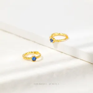 Single Sapphire CZ Beaded Hoops, Unisex, Gold, Silver SHEMISLI SH336