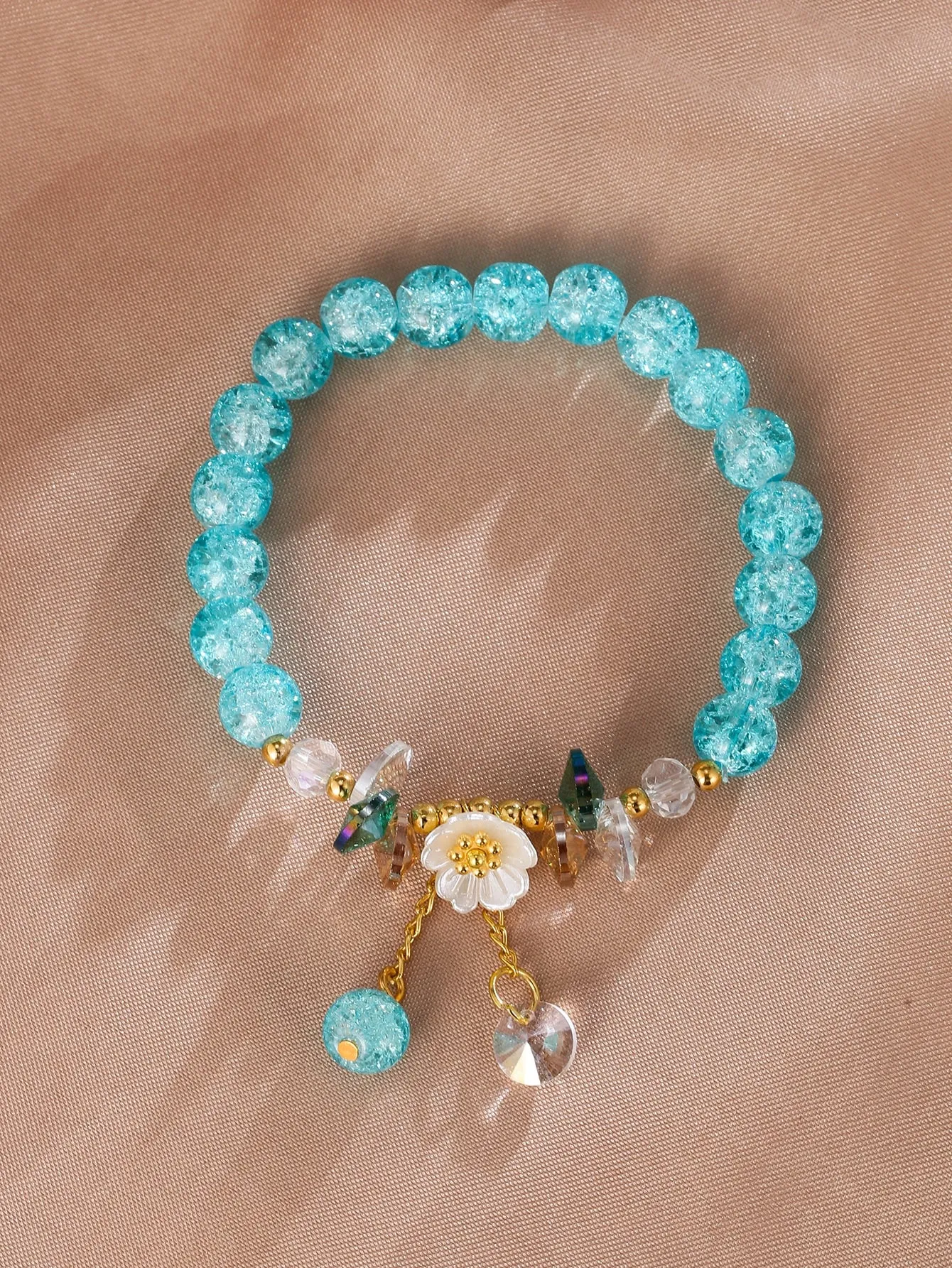 Sky Blue Flower Decor Beaded Bracelet Stackable Stretch Bracelets Creative Beads