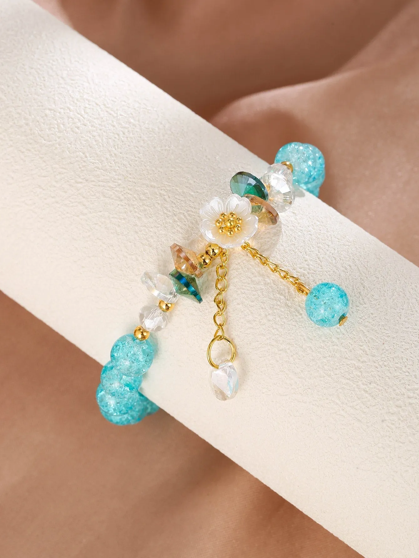 Sky Blue Flower Decor Beaded Bracelet Stackable Stretch Bracelets Creative Beads