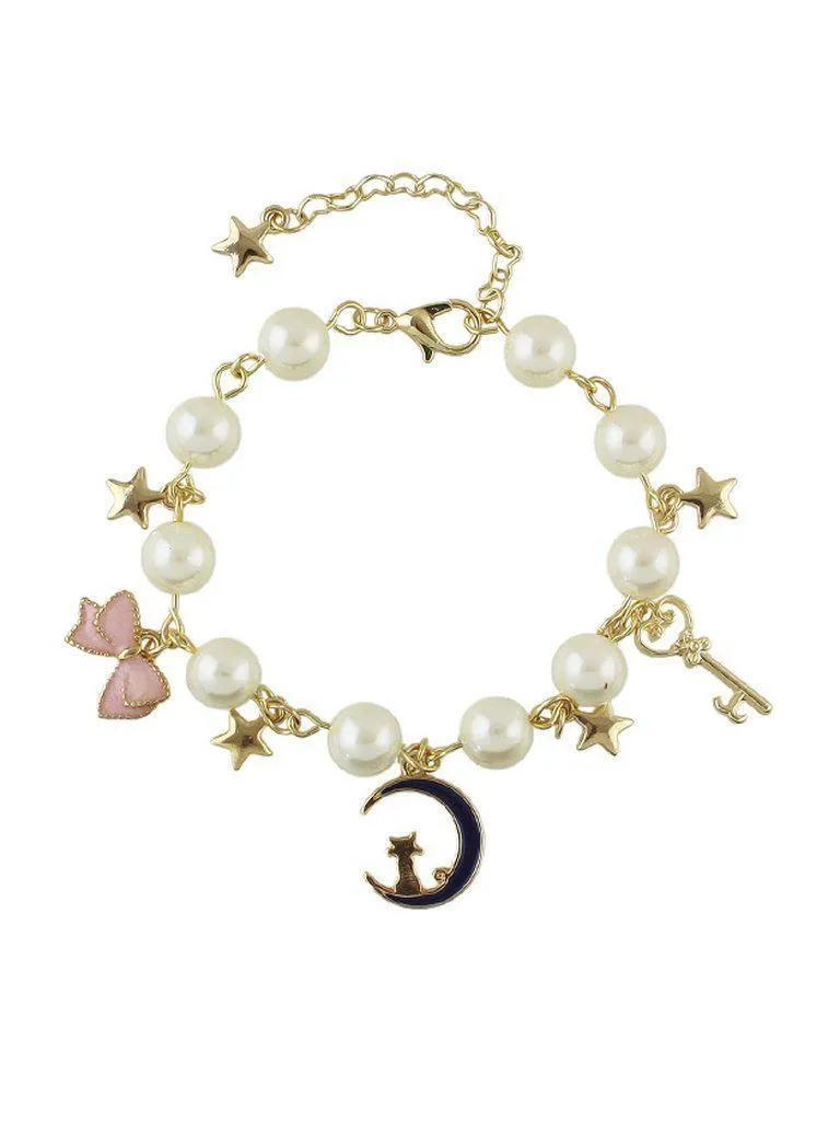 Star Moon Charm Pearl Bracelet