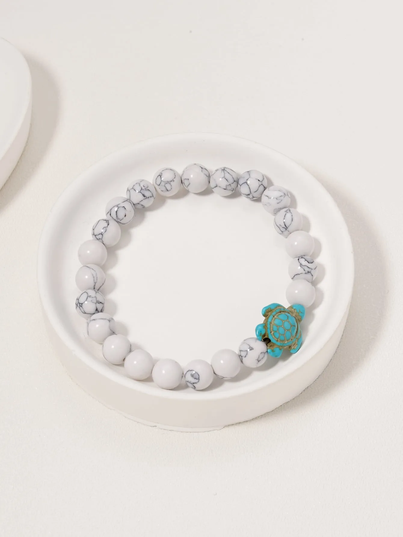 Tortoise Detail White Marbled Beaded Bracelet for Women Men Stretchy Stackable