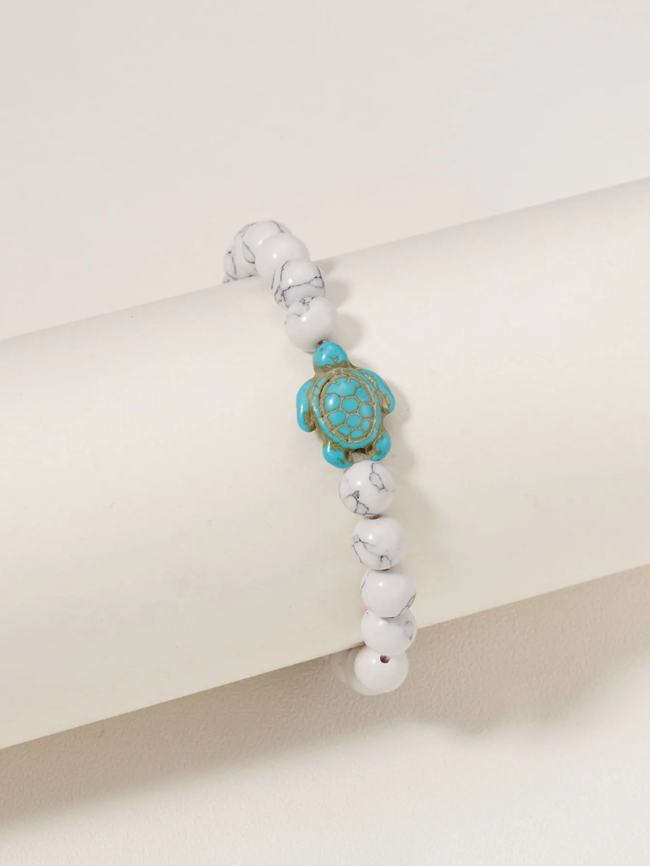 Tortoise Detail White Marbled Beaded Bracelet for Women Men Stretchy Stackable