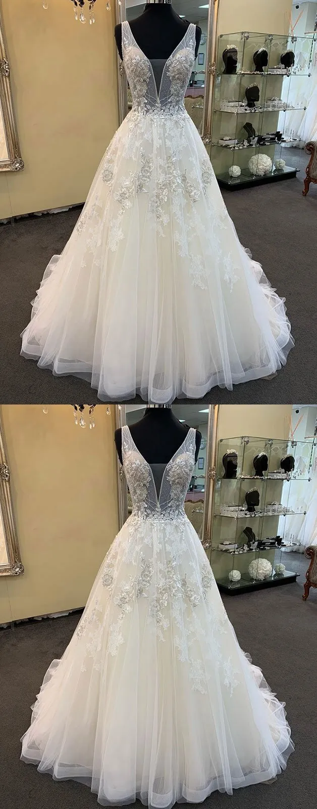 Unique Long A-line Tulle V Neck Beaded Lace Wedding Dress