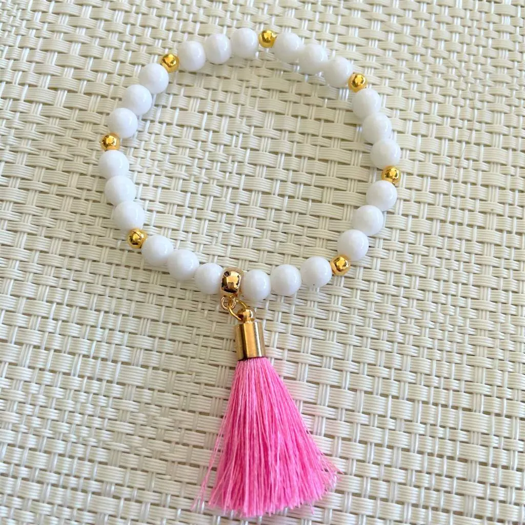 White Czech Glass Beaded Bracelet with Pink Tassel