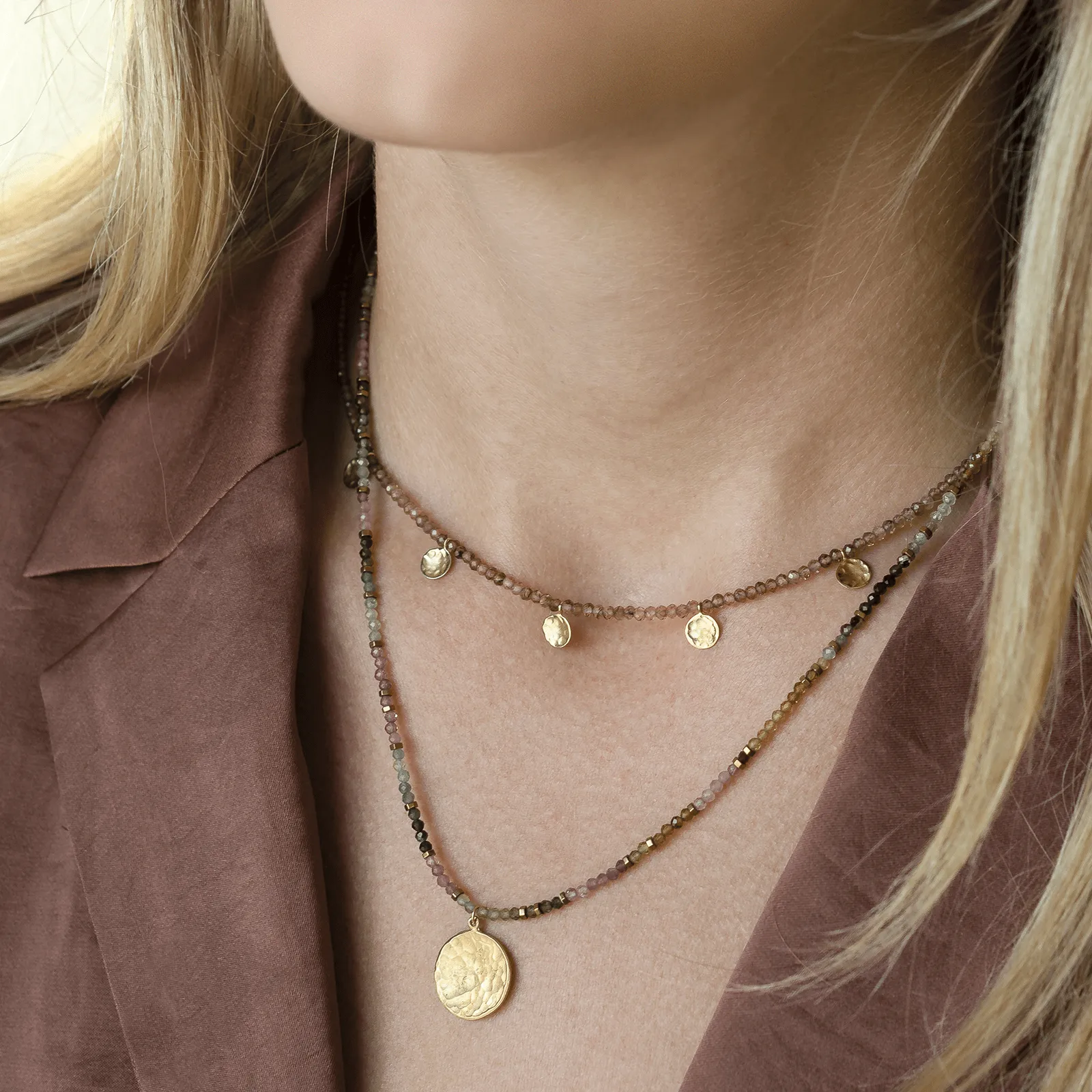 'Wrap' Champagne Garnet Mini Hammered Disc Necklace